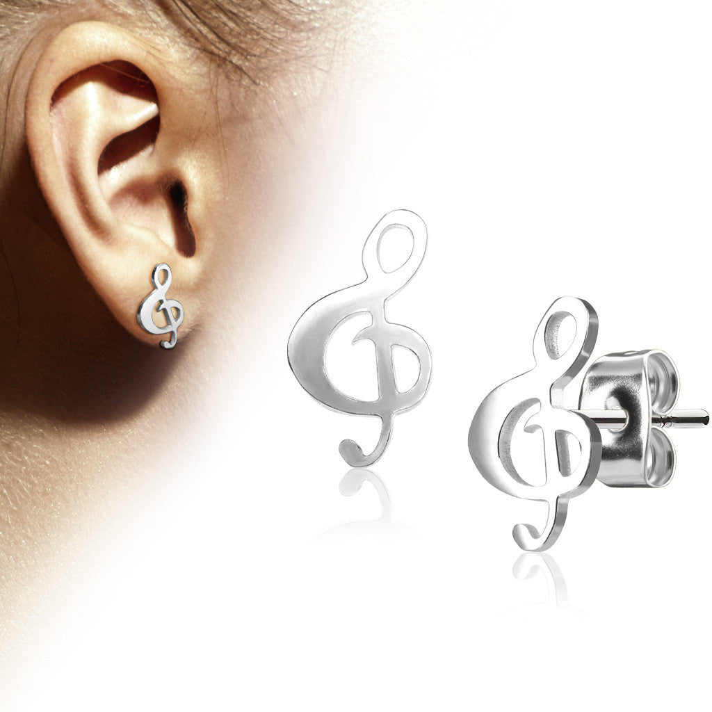 MJ-SE3302 Pair of Hand Polished Music Clef 316L Stainless Steel Earring Studs